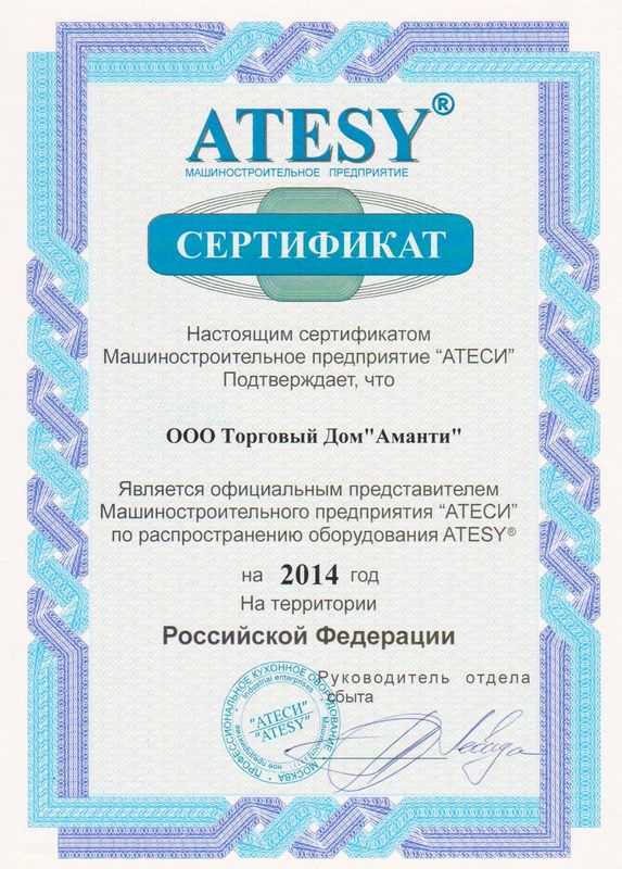 Сертификат официального представителя "ATESY"